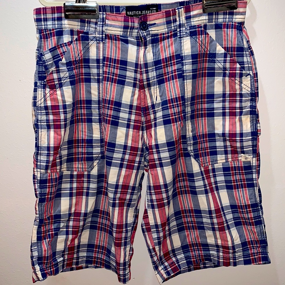 Nautical jeans co. Vintage plaid men’s shorts red, blue, cream plaid